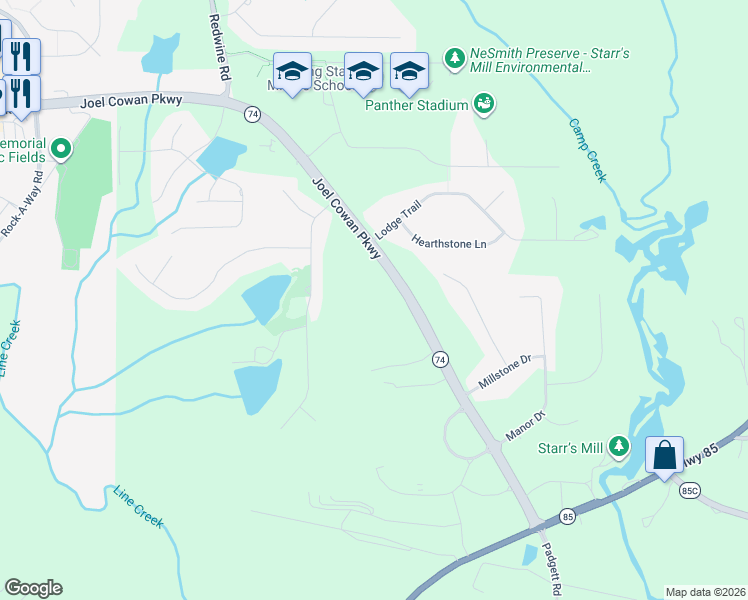 map of restaurants, bars, coffee shops, grocery stores, and more near 1477 Georgia 74 in Senoia