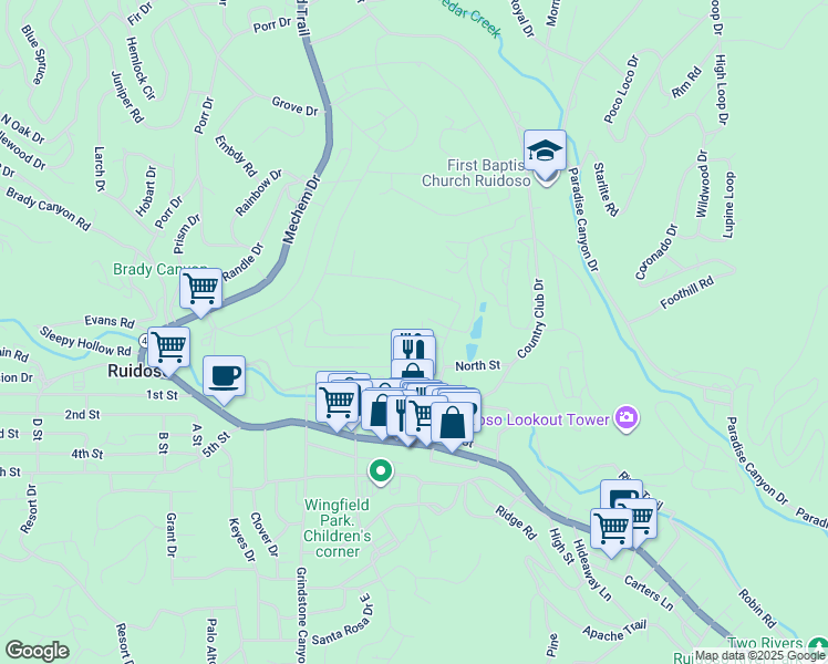 map of restaurants, bars, coffee shops, grocery stores, and more near 107 Rowan Road in Ruidoso