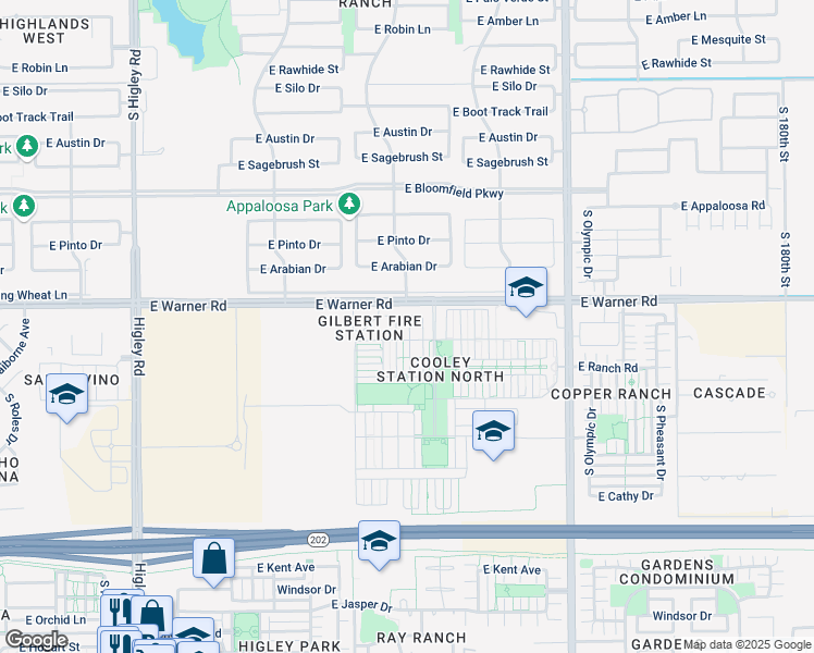 map of restaurants, bars, coffee shops, grocery stores, and more near 879 South Annie Lane in Gilbert