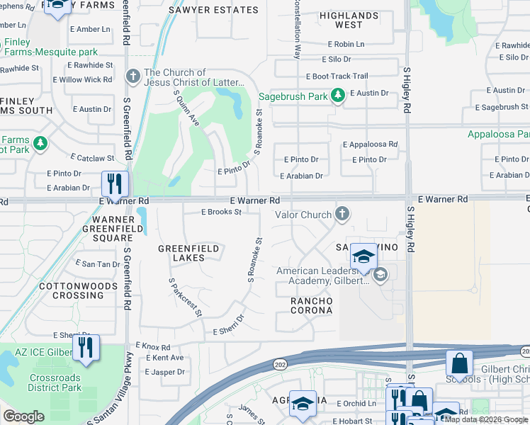 map of restaurants, bars, coffee shops, grocery stores, and more near 860 South Roanoke Street in Gilbert