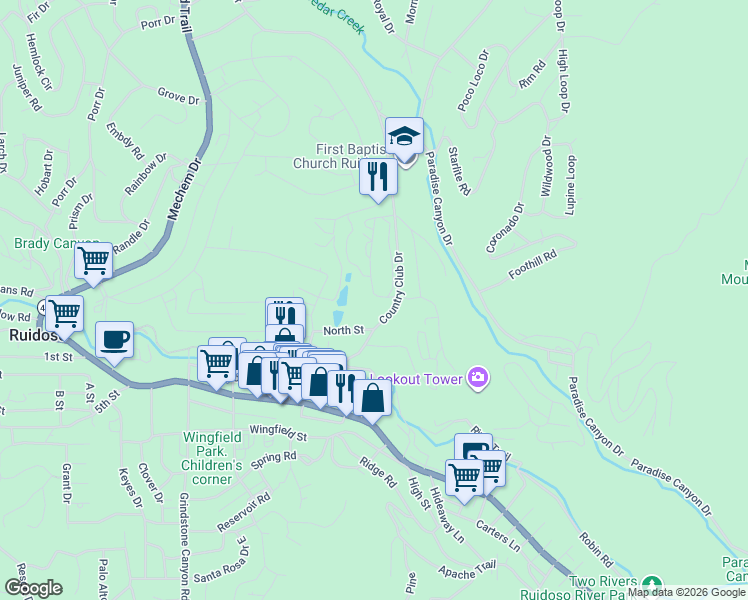 map of restaurants, bars, coffee shops, grocery stores, and more near 115 North Street in Ruidoso