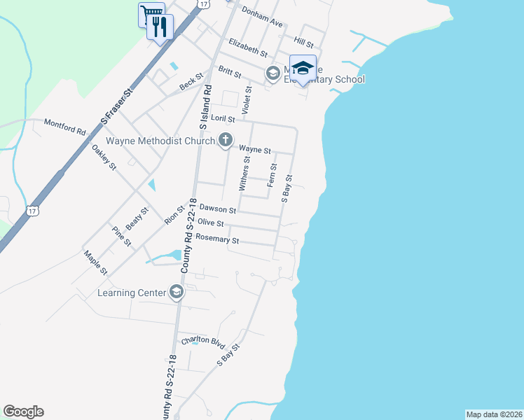 map of restaurants, bars, coffee shops, grocery stores, and more near 2516 South Bay Street in Georgetown
