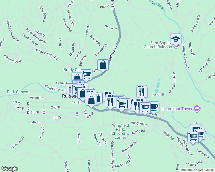 map of restaurants, bars, coffee shops, grocery stores, and more near 112 Lower Terrace Drive in Ruidoso