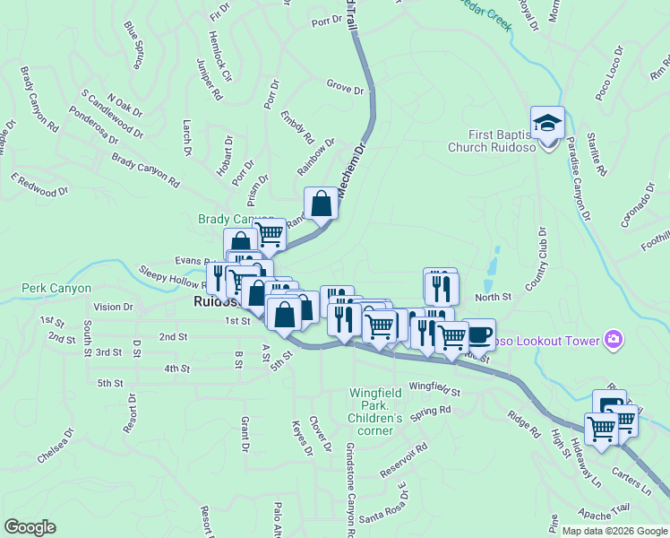 map of restaurants, bars, coffee shops, grocery stores, and more near 112 Lower Terrace Drive in Ruidoso