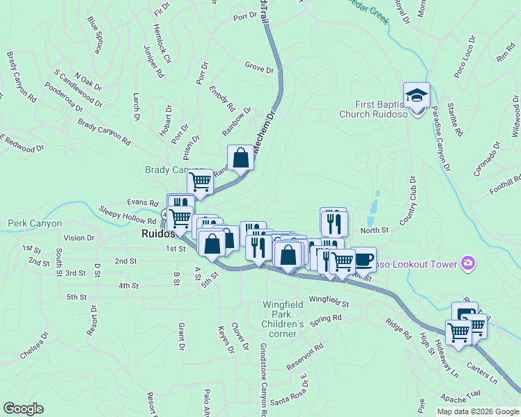 map of restaurants, bars, coffee shops, grocery stores, and more near 135 Rowan Road in Ruidoso