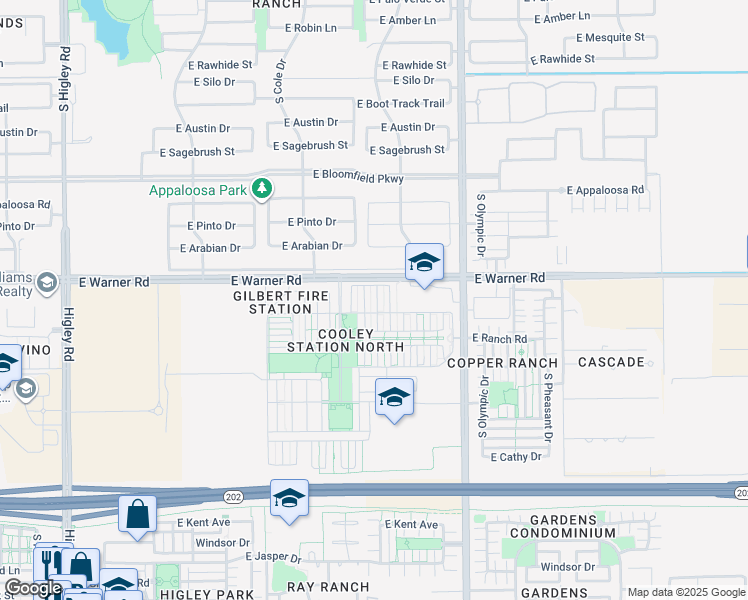 map of restaurants, bars, coffee shops, grocery stores, and more near 878 South Huish Drive in Gilbert