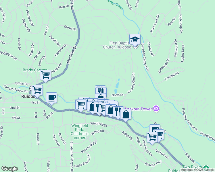 map of restaurants, bars, coffee shops, grocery stores, and more near 101-299 North St in Ruidoso