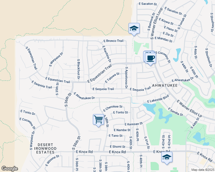 map of restaurants, bars, coffee shops, grocery stores, and more near 3835 East Sequoia Trail in Phoenix