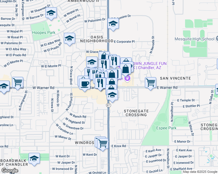map of restaurants, bars, coffee shops, grocery stores, and more near N Arizona Ave & W Warner Rd in Chandler