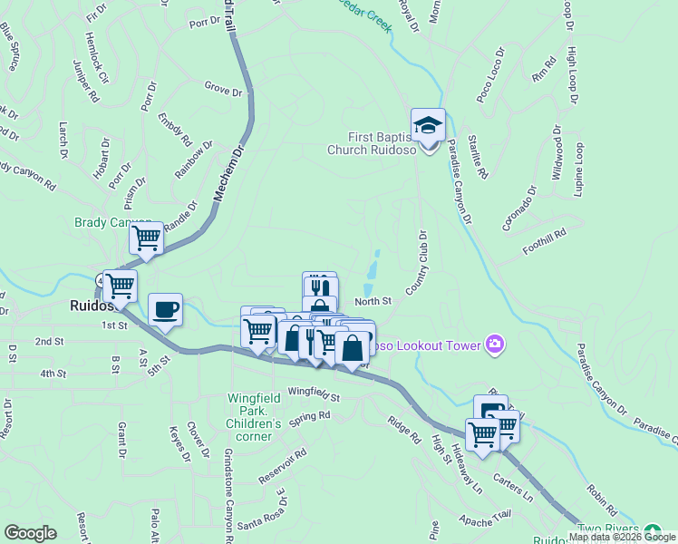 map of restaurants, bars, coffee shops, grocery stores, and more near 107 Rowan Road in Ruidoso