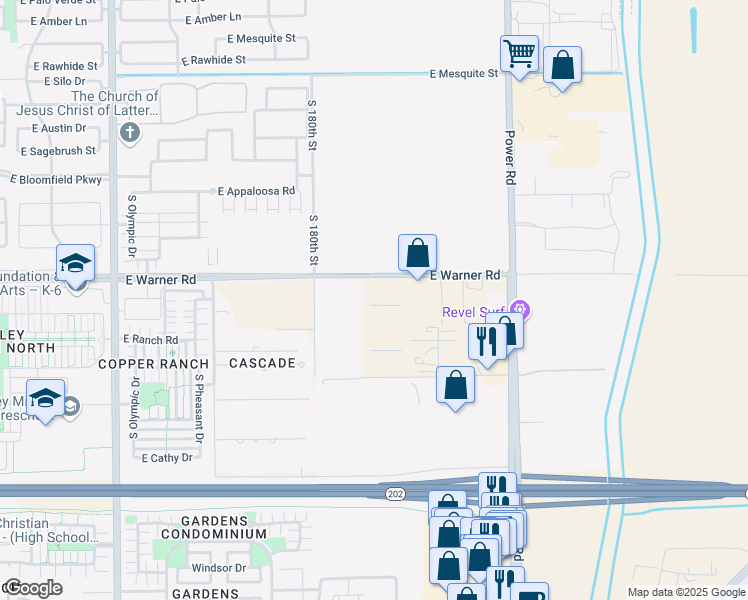 map of restaurants, bars, coffee shops, grocery stores, and more near 18001-18309 East Warner Road in Gilbert