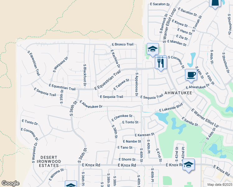 map of restaurants, bars, coffee shops, grocery stores, and more near 3835 East Sequoia Trail in Phoenix