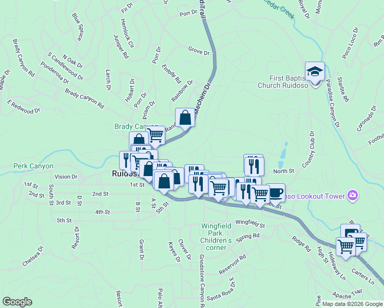 map of restaurants, bars, coffee shops, grocery stores, and more near 112 Lower Terrace Drive in Ruidoso