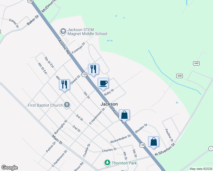 map of restaurants, bars, coffee shops, grocery stores, and more near 309 Atomic Rd in Jackson