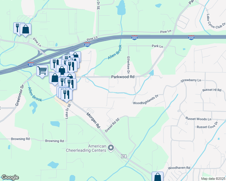 map of restaurants, bars, coffee shops, grocery stores, and more near 5890 Southwood Parkway in Bessemer