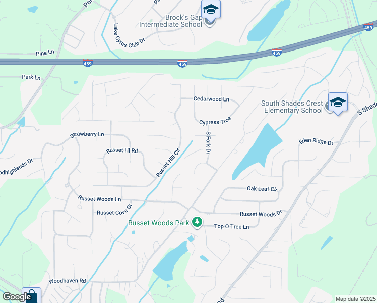 map of restaurants, bars, coffee shops, grocery stores, and more near 417 South Fork Circle in Hoover