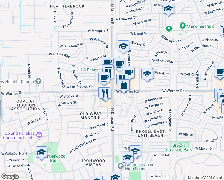 map of restaurants, bars, coffee shops, grocery stores, and more near N Dobson Rd & W Warner Rd in Chandler