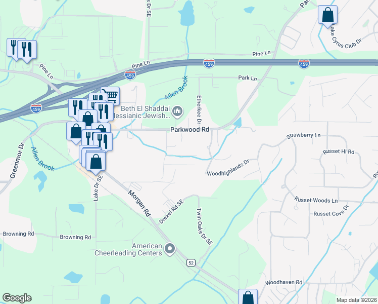 map of restaurants, bars, coffee shops, grocery stores, and more near 2791 Southwood View in Bessemer