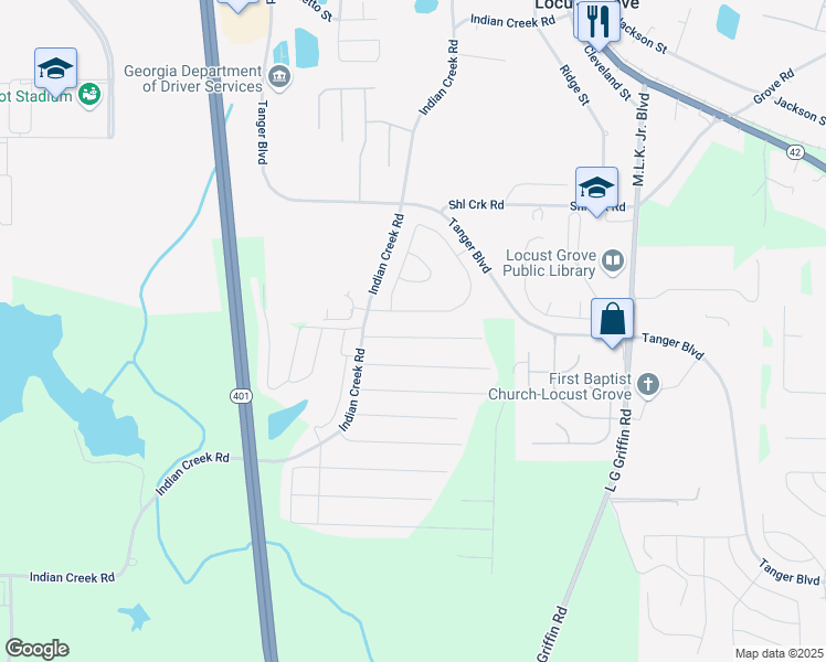 map of restaurants, bars, coffee shops, grocery stores, and more near 340 Sioux Street in Locust Grove