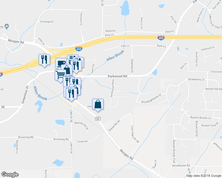 map of restaurants, bars, coffee shops, grocery stores, and more near 5861 Southwood Parkway in Bessemer