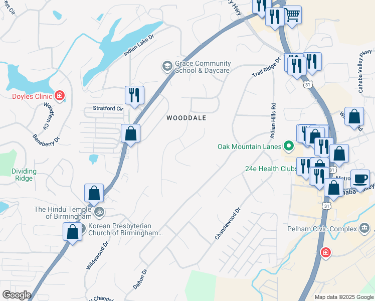 map of restaurants, bars, coffee shops, grocery stores, and more near 4625 Burningtree Lane in Pelham