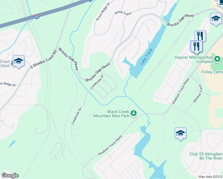 map of restaurants, bars, coffee shops, grocery stores, and more near 5343 Creekside Place in Hoover