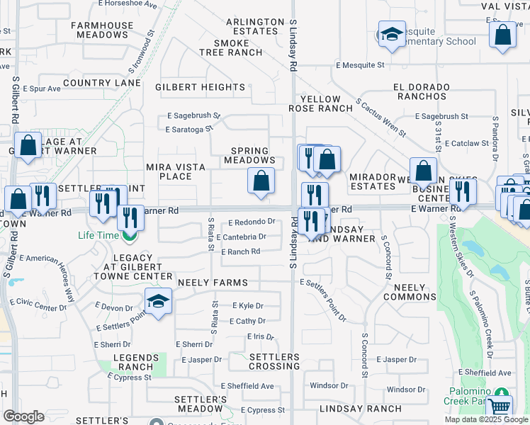 map of restaurants, bars, coffee shops, grocery stores, and more near 750 East Warner Road in Gilbert