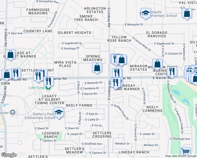 map of restaurants, bars, coffee shops, grocery stores, and more near 750 East Warner Road in Gilbert