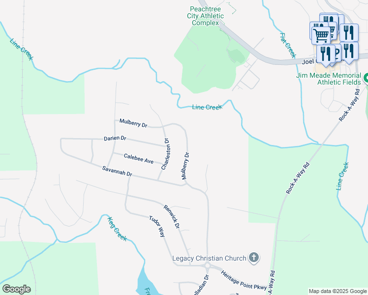 map of restaurants, bars, coffee shops, grocery stores, and more near 250 Mulberry Drive in Senoia