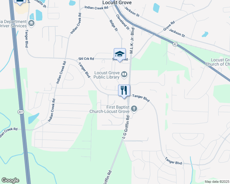 map of restaurants, bars, coffee shops, grocery stores, and more near 1512 Queen Elizabeth Drive in Locust Grove