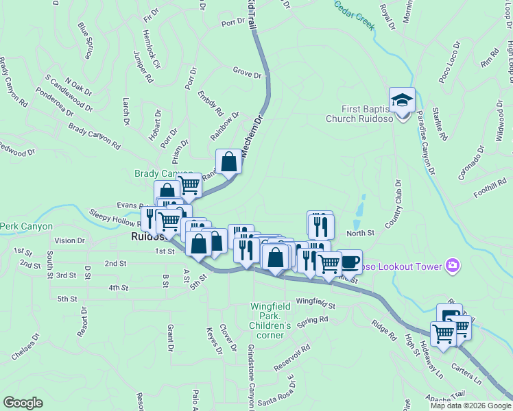 map of restaurants, bars, coffee shops, grocery stores, and more near 121-123 Lower Terrace Drive in Ruidoso