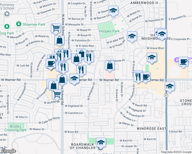 map of restaurants, bars, coffee shops, grocery stores, and more near 2101 North Evergreen Street in Chandler