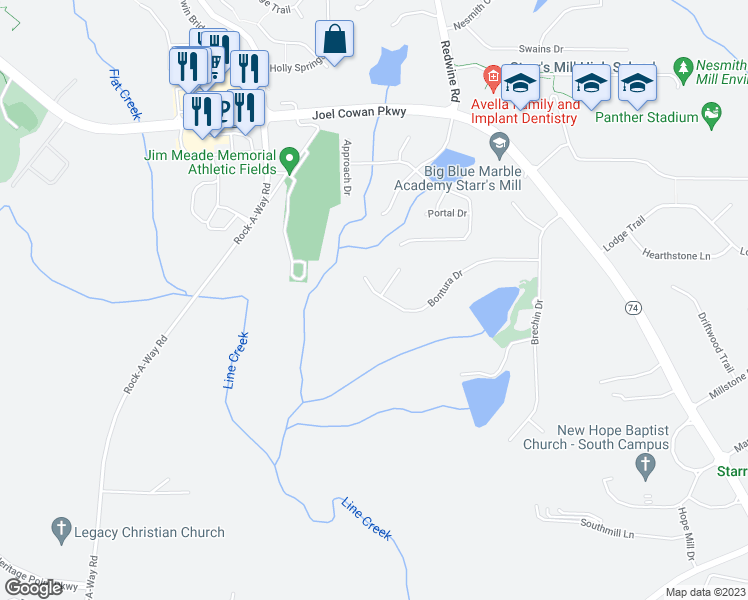 map of restaurants, bars, coffee shops, grocery stores, and more near 300 Bontura Drive in Senoia