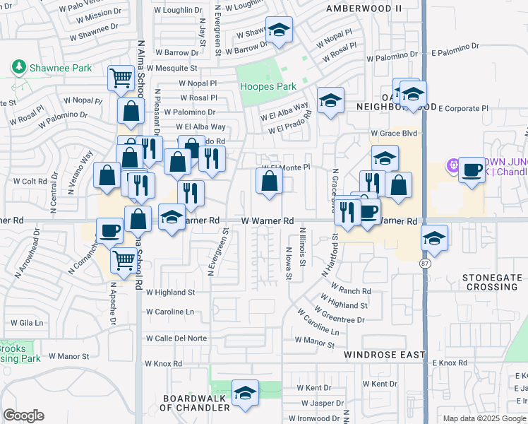 map of restaurants, bars, coffee shops, grocery stores, and more near 2037 North Sunset Drive in Chandler