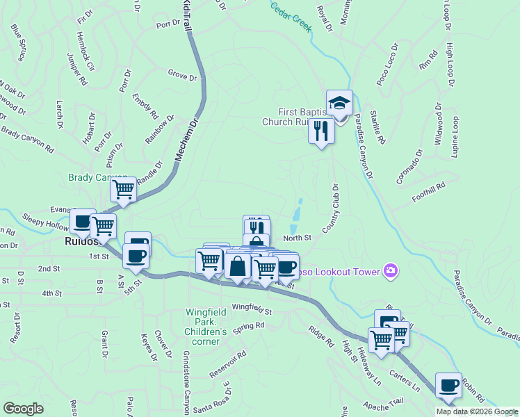 map of restaurants, bars, coffee shops, grocery stores, and more near 114 Niblic Court in Ruidoso