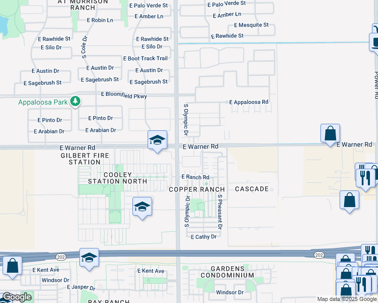 map of restaurants, bars, coffee shops, grocery stores, and more near 4055 East Warner Road in Gilbert