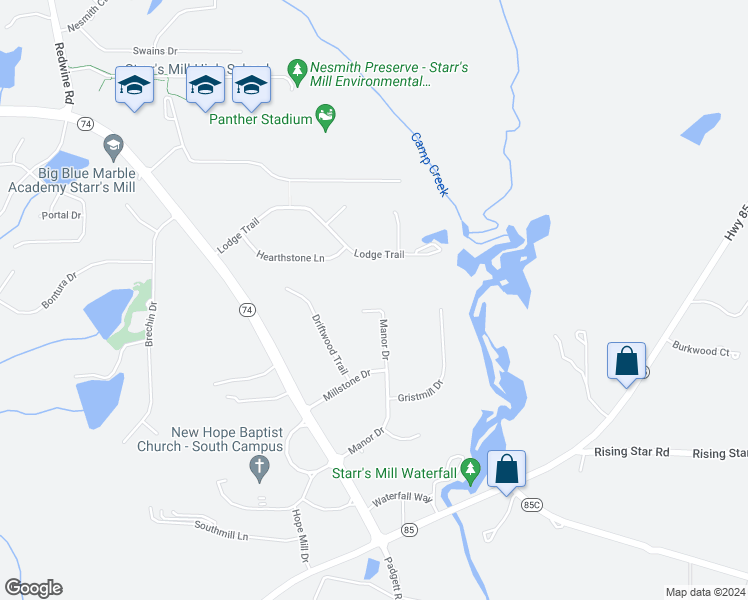 map of restaurants, bars, coffee shops, grocery stores, and more near 285 Manor Drive in Fayetteville