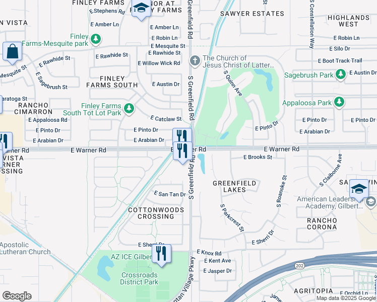 map of restaurants, bars, coffee shops, grocery stores, and more near 15946 East Warner Road in Gilbert