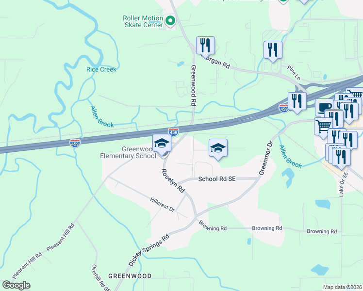 map of restaurants, bars, coffee shops, grocery stores, and more near 4075 Roselyn Road in Bessemer