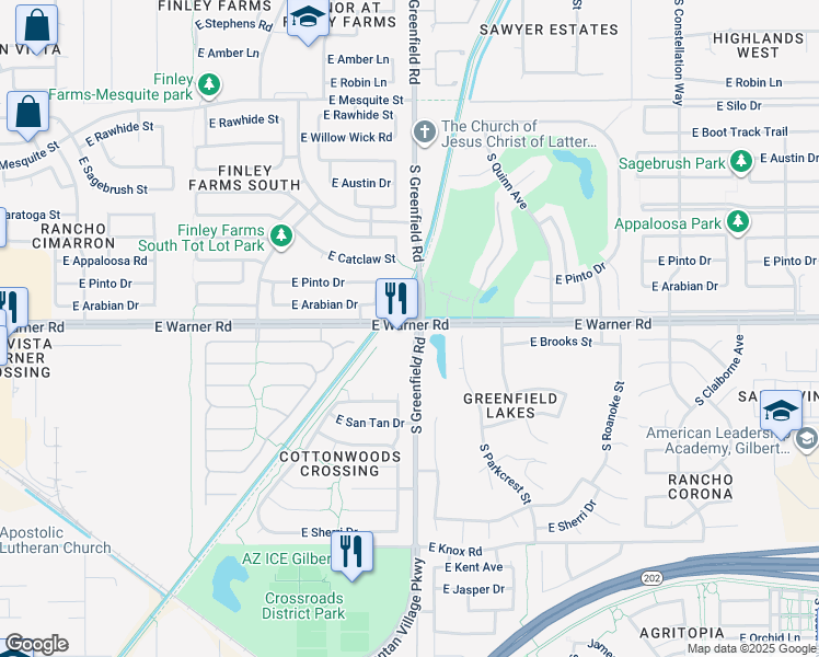map of restaurants, bars, coffee shops, grocery stores, and more near 15946 East Warner Road in Gilbert