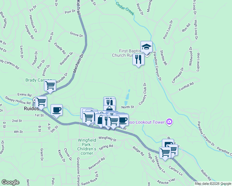 map of restaurants, bars, coffee shops, grocery stores, and more near 114 Niblic Court in Ruidoso