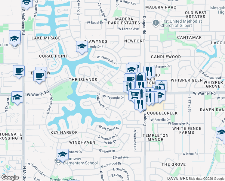 map of restaurants, bars, coffee shops, grocery stores, and more near 1007 West Sunward Drive in Gilbert