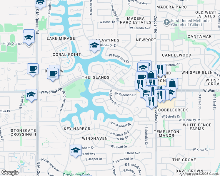 map of restaurants, bars, coffee shops, grocery stores, and more near 1061 West Sunward Drive in Gilbert