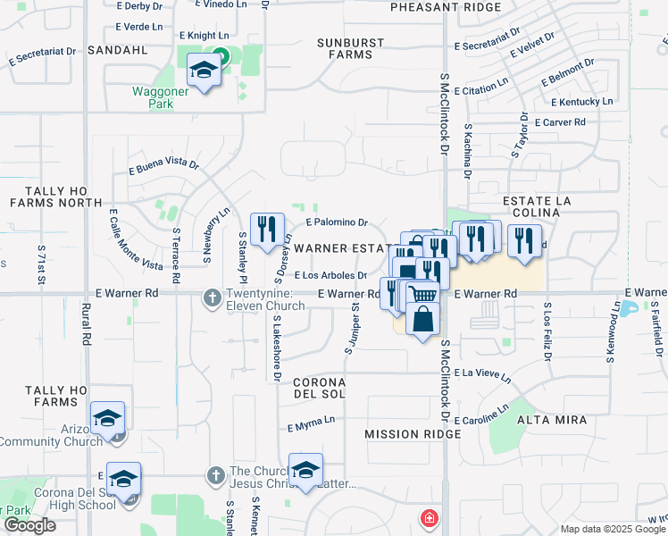 map of restaurants, bars, coffee shops, grocery stores, and more near 1431 East Colt Road in Tempe