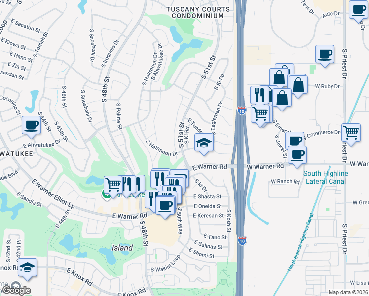 map of restaurants, bars, coffee shops, grocery stores, and more near 12145 South Ki Road in Phoenix