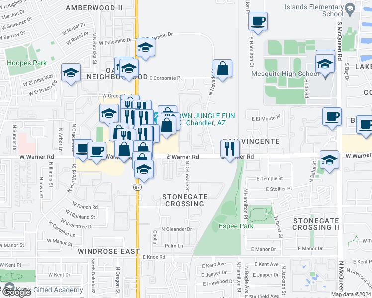 map of restaurants, bars, coffee shops, grocery stores, and more near 4 East Warner Road in Chandler