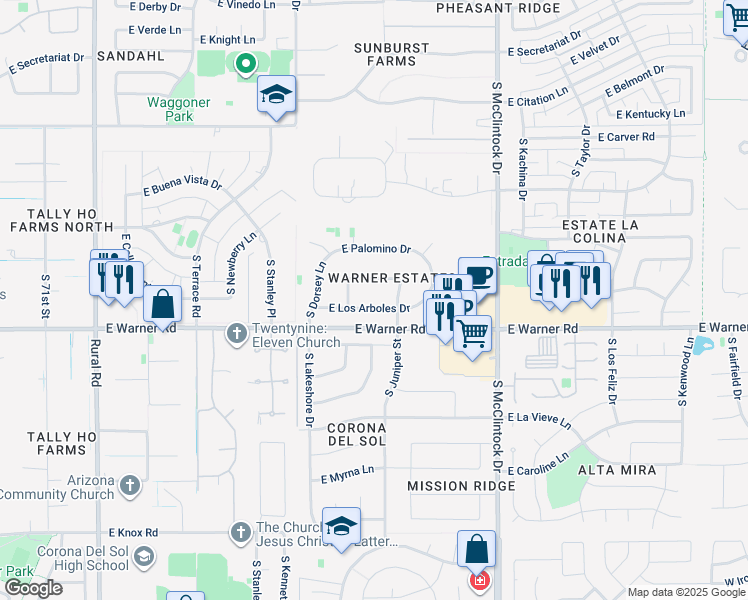 map of restaurants, bars, coffee shops, grocery stores, and more near 1431 East Colt Road in Tempe