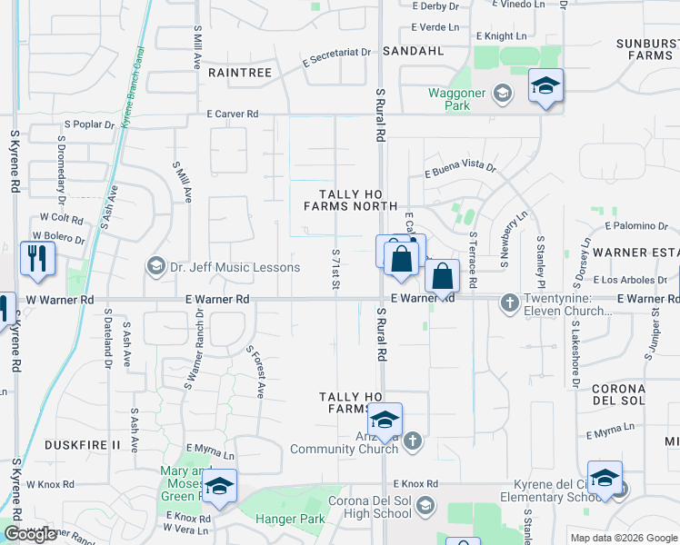 map of restaurants, bars, coffee shops, grocery stores, and more near 12209 South 71st Street in Tempe