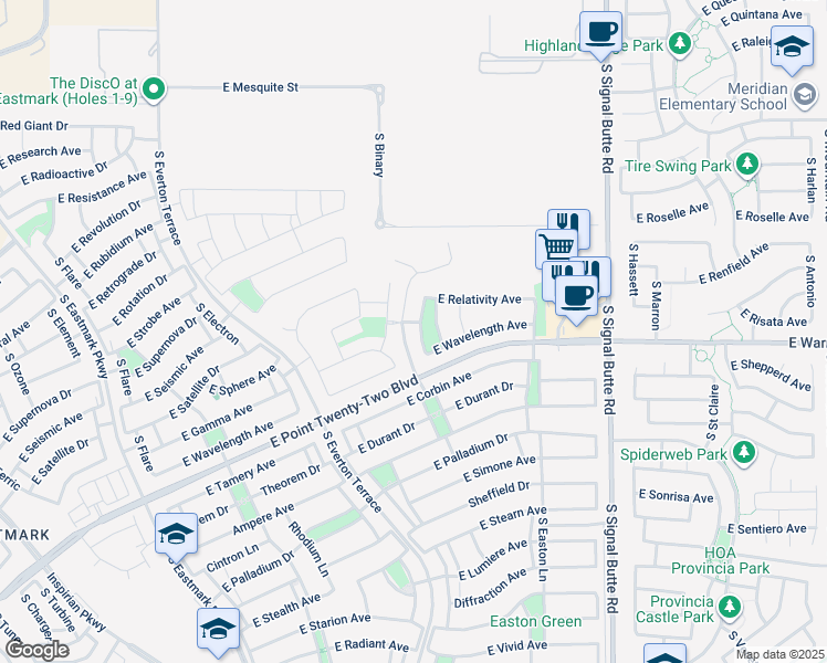 map of restaurants, bars, coffee shops, grocery stores, and more near 4341 South Binary in Mesa