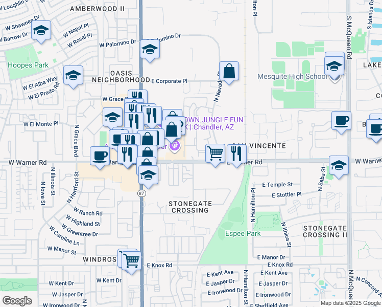 map of restaurants, bars, coffee shops, grocery stores, and more near 300 East Warner Road in Chandler